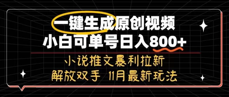 11月最新玩法小说推文暴利拉新，一键生成原创视频，小白可单号日入800+，解放双手-铁虎资源网