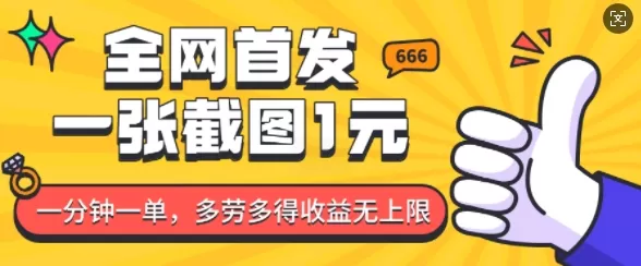 全网首发，一张截图1块钱，一分钟一单，多劳多得，收益无上限-铁虎资源网